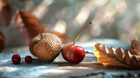 A close-up of autumn fruits and leaves placed on a rustic table, capturing the essence of the fall season.の素材