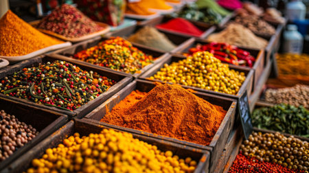 A vibrant display of various colorful spices at a market, highlighting the diversity and richness of culinary ingredients.の素材