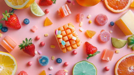 A flat lay of colorful candies and fruits on a pink background, creating a fun and playful composition.の素材