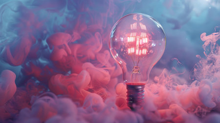 A vintage light bulb surrounded by colorful smoke, creating an artistic and vibrant scene.の素材