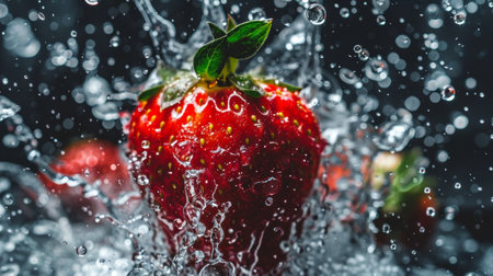 A fresh strawberry captured in mid-air as it splashes into water, creating dynamic water droplets around it, on a dark background.の素材