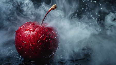 A single red cherry covered in water droplets and surrounded by water vapor, set against a dark background for a dramatic effect.の素材