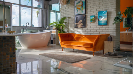 A modern bathroom featuring an orange sofa and stylish decor, with a freestanding bathtub and large windows for natural light.の素材