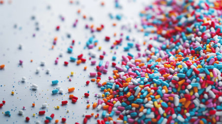 Bright and colorful sprinkles scattered on a white surface, creating a playful and vibrant background for desserts.の素材