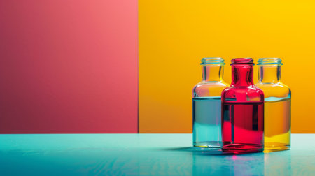 Three colorful glass bottles filled with liquid, set against a vibrant multicolored background, creating a striking visual.の素材