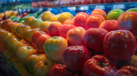 A colorful assortment of fresh bell peppers displayed on a market shelf, highlighting their vibrant hues and freshness, perfect for themes related to food, health, and market shopping.の素材