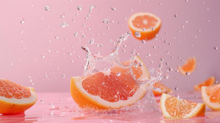 Sliced grapefruit splashing in water against a pink background, perfect for themes related to freshness, citrus, and summer.の素材