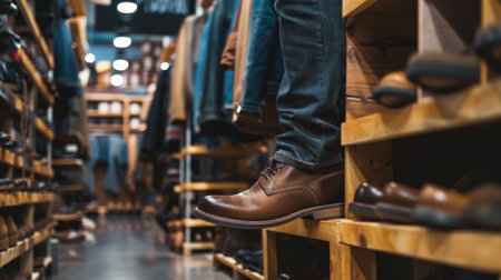 Shoes on display in a fashionable shoe store, showcasing a variety of styles and trends.の素材