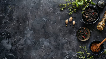 A variety of spices and herbs on a dark textured background, including black peppercorns, nutmeg, and rosemary, creating a culinary scene.の素材