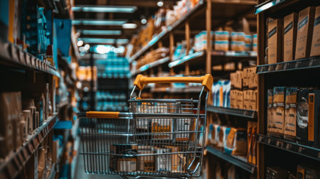 A shopping cart in the aisle of a grocery store, surrounded by shelves filled with various products, creating a bustling and lively market scene.の素材