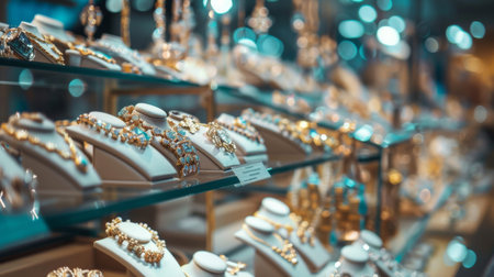A display of luxury jewelry in a store, featuring elegant necklaces, bracelets, and rings with sparkling gemstones.の素材