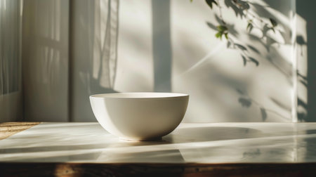 A simple, minimalist white bowl placed on a sunlit table with soft shadows. The neutral tones and clean lines emphasize tranquility and modern elegance.の素材