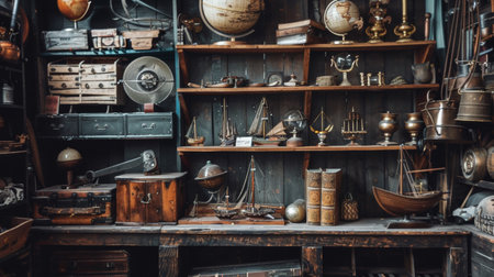 A collection of antique and vintage items displayed on wooden shelves. The assortment includes globes, ships, and old books, creating a nostalgic atmosphere.の素材