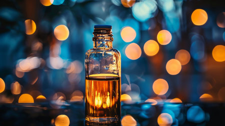 A glass bottle filled with glowing liquid, surrounded by a dreamy bokeh effect, creating an enchanting and mysterious visual scene.の素材