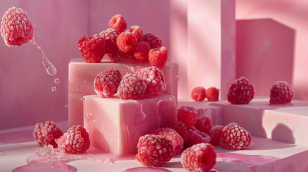 Fresh raspberries placed on and around pink geometric cubes in a creative setting. A colorful and artistic scene perfect for food photography, dessert presentation, and creative design.の素材