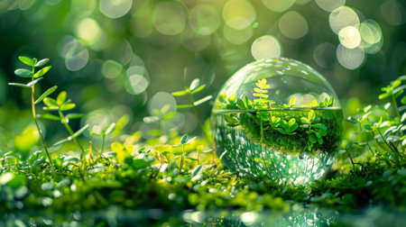 Lush greenery and tiny plants grow inside a crystal-clear glass sphere, representing the beauty of nature.の素材