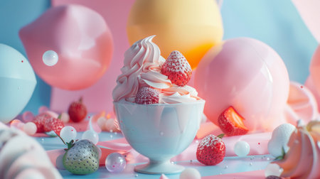 Delicious swirl of strawberry ice cream with fresh strawberries, surrounded by vibrant balloons and pastel colors.の素材
