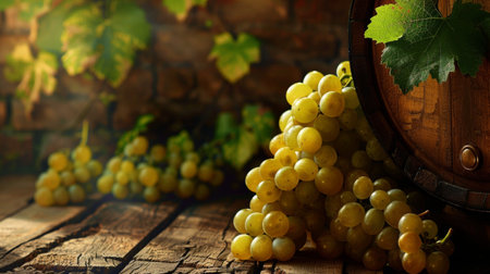 Close-up of a bunch of green grapes on a rustic wooden surface with a wooden barrel in the background, creating a vineyard-themed atmosphere.の素材