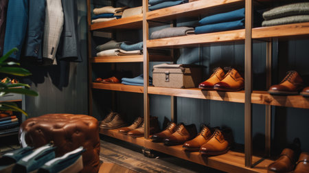 Interior of a luxury men's walk-in closet, featuring neatly arranged shoes, clothes, and accessories on wooden shelves, showcasing a sophisticated and organized space.の素材
