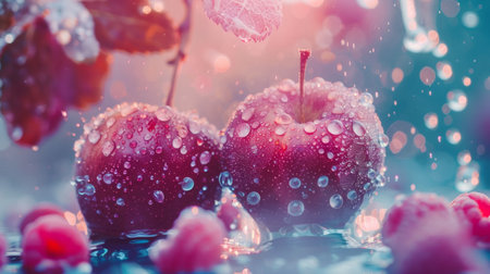 Artistic close-up of fresh red apples covered in dew drops with a dreamy bokeh background, highlighting the vibrant and refreshing nature of the fruit.の素材