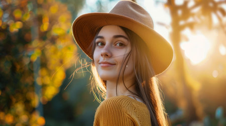 Outdoor portrait of a young woman wearing a hat, smiling and enjoying the sunlit autumn scenery with colorful bokeh background, capturing a moment of natural beauty.の素材