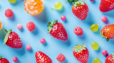 Flat lay of fresh strawberries, raspberries, and colorful candies on a bright blue background, creating a playful and vibrant composition with a pop of color.の素材