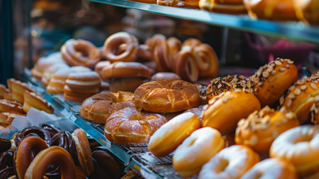 Delicious assortment of freshly baked pastries displayed in a bakery, featuring a variety of shapes, sizes, and toppings, capturing the essence of a traditional bakery.の素材