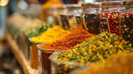 Close-up of colorful spices in glass jars at a market, featuring vibrant hues and textures, showcasing the diversity and richness of culinary ingredients.の素材