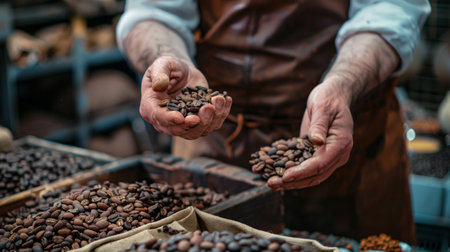 Close-up of hands holding freshly roasted coffee beans, capturing the rich texture and aroma, highlighting the craftsmanship involved in coffee production.の素材