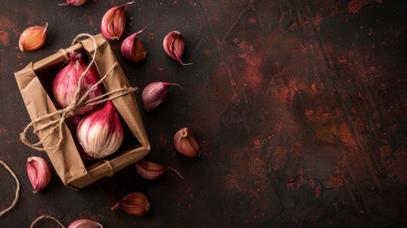 Rustic still life composition featuring red onions and twine on a dark textured background, capturing a natural and earthy atmosphere with an artistic touch.の素材