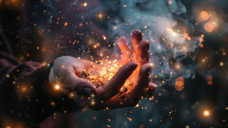 Close-up of hands holding magic sparks with glowing lights and smoke, creating a mystical and enchanting visual effect, emphasizing fantasy and creativity.の素材