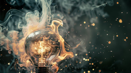 Vintage light bulb surrounded by smoke and sparkles, creating a dramatic and nostalgic visual effect, highlighting innovation and creativity with a retro touch.の素材