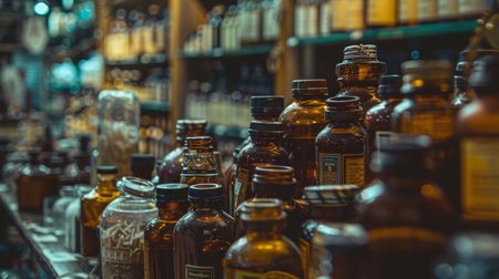 Collection of vintage apothecary bottles displayed in a classic shop, featuring amber glass and ornate labels, evoking a nostalgic and historical ambiance.の素材