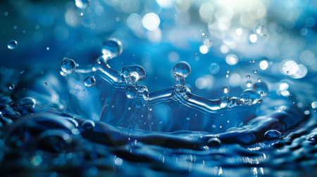 Close-up of a water splash with droplets suspended in mid-air, capturing the fluid dynamics and motion, emphasizing the purity and freshness of water.の素材