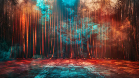 Theatrical stage with dramatic lighting and smoke effects, creating a mysterious and captivating atmosphere, perfect for performances and artistic presentations.の素材