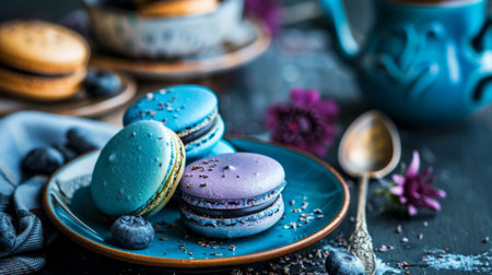 Colorful macarons and fresh blueberries arranged on a plate, highlighting the delicate and sweet nature of these popular French pastries, perfect for dessert themes.の素材