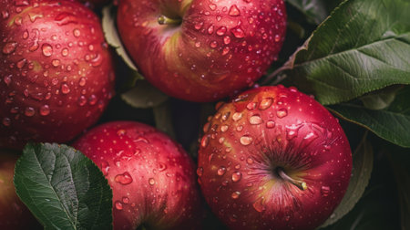 Close-up of red apples with water droplets, highlighting their freshness and vibrant color, perfect for themes of health, nature, and organic food.の素材