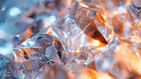 A close-up view of shiny crystals with reflective surfaces, capturing the intricate details and sparkling brilliance of the gemstones.の素材