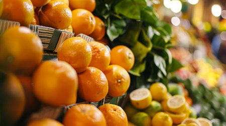 Fresh oranges and citrus fruits displayed at a market, showcasing their vibrant colors and inviting appeal in a bustling marketplace.の素材
