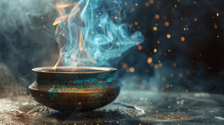 Mystical pot with intricate designs emitting blue and gold smoke, creating a magical and enchanting atmosphere with sparks and light effects.の素材