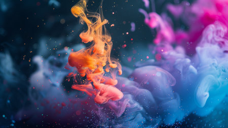Abstract colorful ink swirling in water against a dark background, creating a vibrant and dynamic visual effect with bright orange, pink, and blue hues.の素材