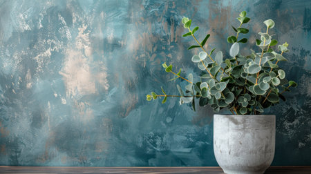 Eucalyptus planted in a modern pot against a textured teal background, creating a fresh and stylish botanical display.の素材