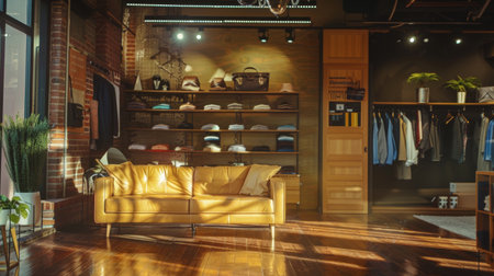 A modern boutique featuring stylish decor with a cozy yellow leather sofa, wooden flooring, and neatly arranged clothing on shelves.の素材