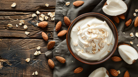 A bowl of creamy yogurt topped with almonds and oats on a rustic wooden surface, highlighting a healthy and delicious breakfast option.の素材