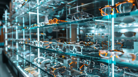 A modern store display featuring a variety of stylish glasses on illuminated shelves, showcasing contemporary eyewear design and fashion.の素材