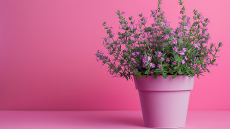 A potted herb plant with lush green leaves and purple flowers, set against a vibrant pink background, creating a lively and fresh visual contrast.の素材