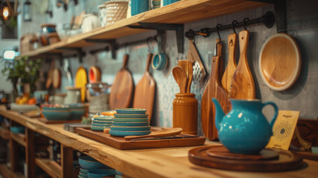 A cozy kitchen shelf filled with various cooking utensils and ceramic dishes, creating a warm and inviting atmosphere perfect for home cooking themes.の素材