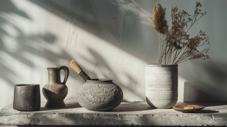 Rustic decor featuring ceramic vessels and dried plants, set against a textured background with natural light, creating a serene and earthy atmosphere.の素材