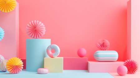 A playful arrangement of pastel geometric shapes and spheres, set against a soft pink background, creating a whimsical and modern visual.の素材