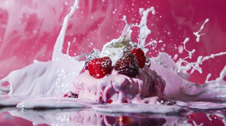 A delicious berry dessert topped with whipped cream and raspberries, with a dynamic splash of cream creating an energetic visual.の素材